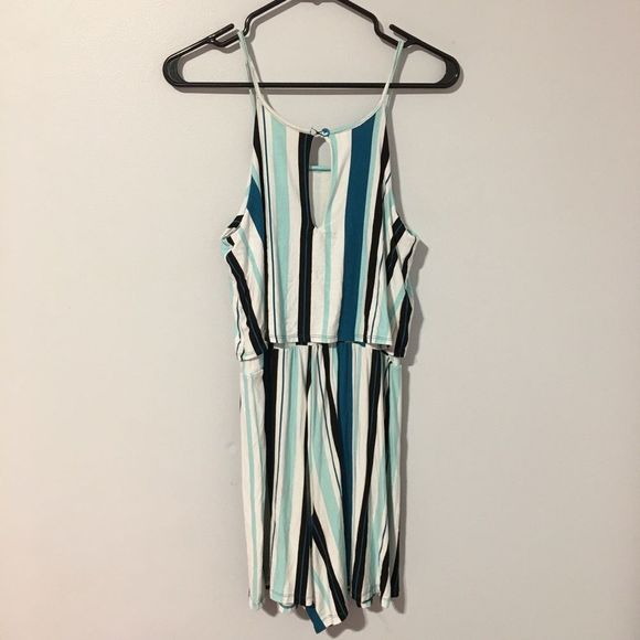 George women’s blue black white tie front striped romper size M - Picture 2 of 8